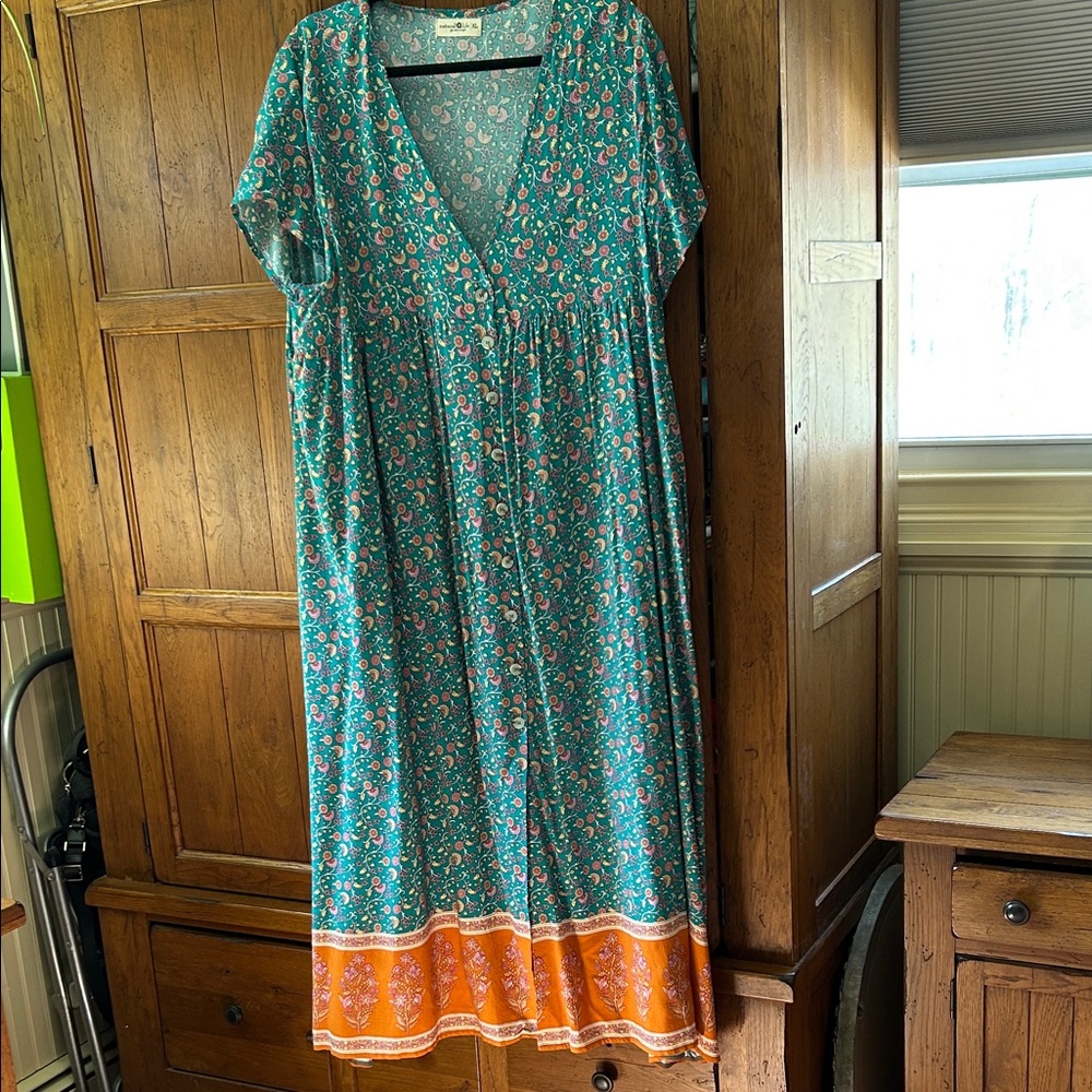 NATURAL LIFE Teal Floral Maxi Dress with Orange Hem